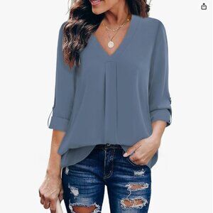 Womens Blouses 3/4 Cuffed Sleeve Chiffon V Neck Casual Shirts Tops